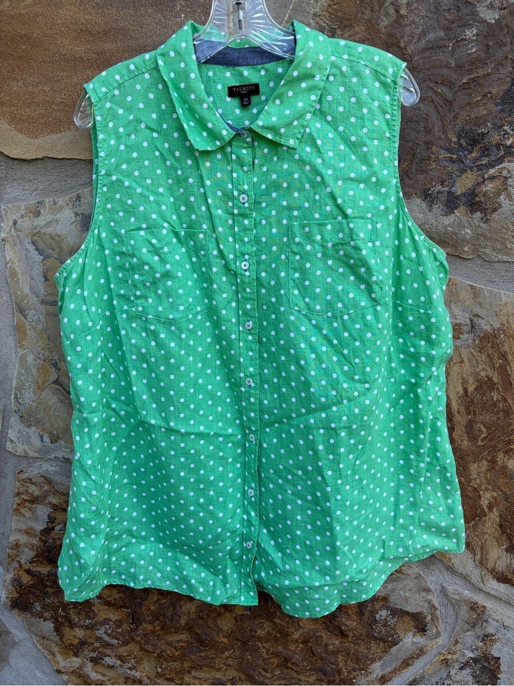 Talbots 100% Linen Polkadot Sleeveless Button-Down Blouse Top 2X Summer Cruise
